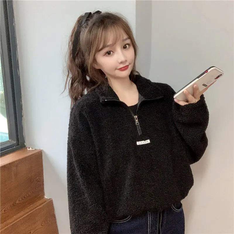 Women's Thickened Lambswool Hoodie - Korean Style Warm Coat