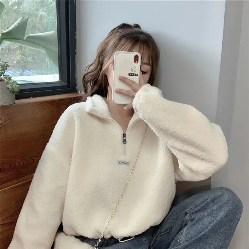 Women's Thickened Lambswool Hoodie - Korean Style Warm Coat