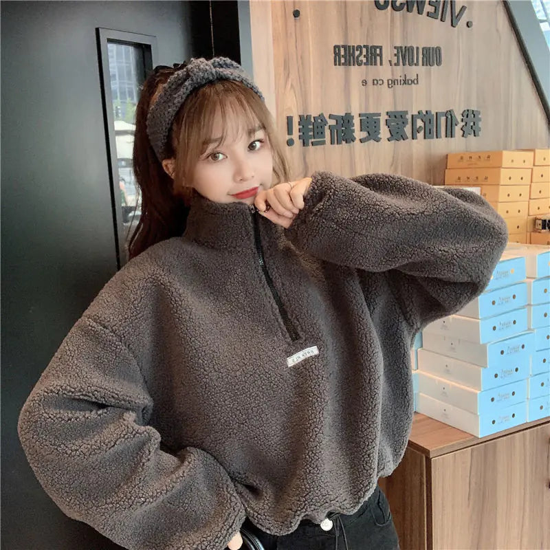 Women's Thickened Lambswool Hoodie - Korean Style Warm Coat