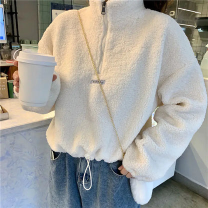 Women's Thickened Lambswool Hoodie - Korean Style Warm Coat